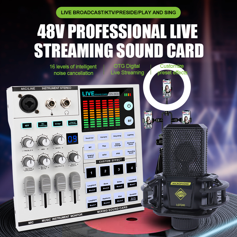 Audio Interface - ชุดอินเทอร์เฟซเสียงพร้อมไมโครโฟนไร้สาย U68 มิกเซอร์ RGB ซาวด์การ์ด 48V
